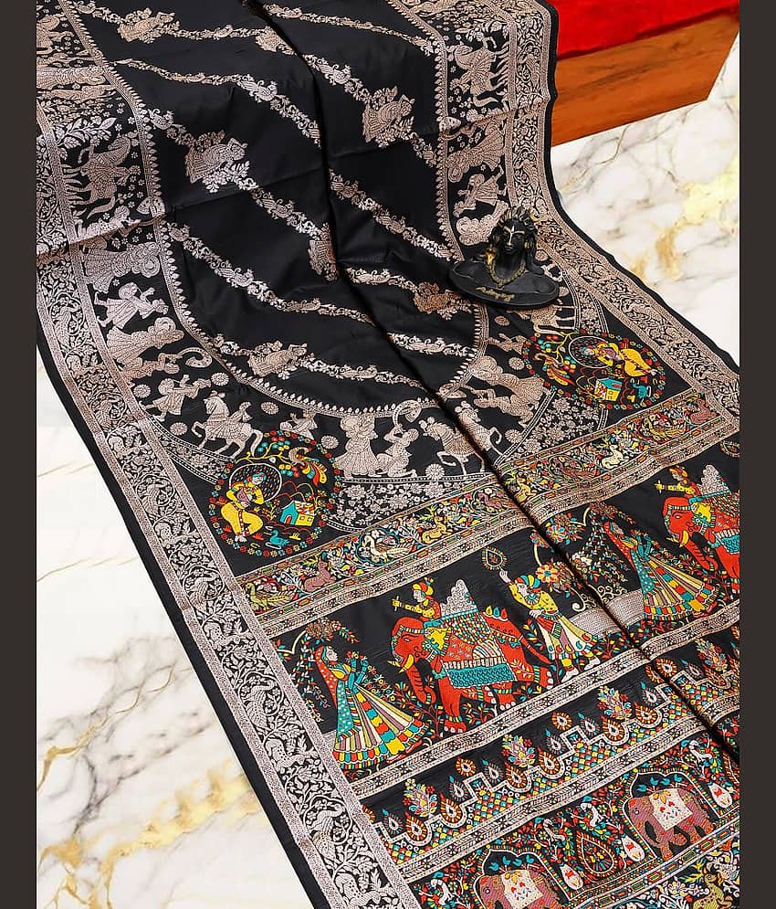 ISARA Art Silk Solid Baluchari Saree With Unstitched Blouse Piece ( Black )