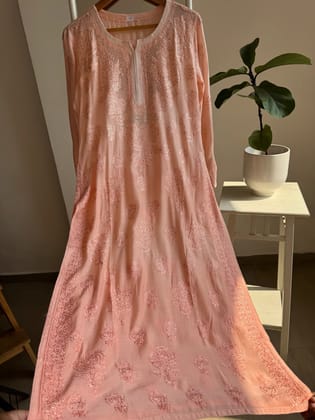 Muslin Chikankari Kurti with Mukaish work - Peach-Peach / Muslin / M