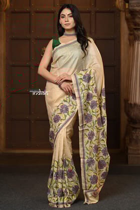 Parampara ~ Handloom Pure Silk Saree with Kantha Hand Embroidery in Ivory
