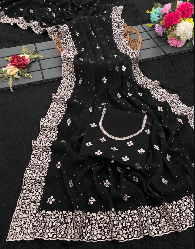 Women Embroidered Party Wear Shimmer Saree With Blouse