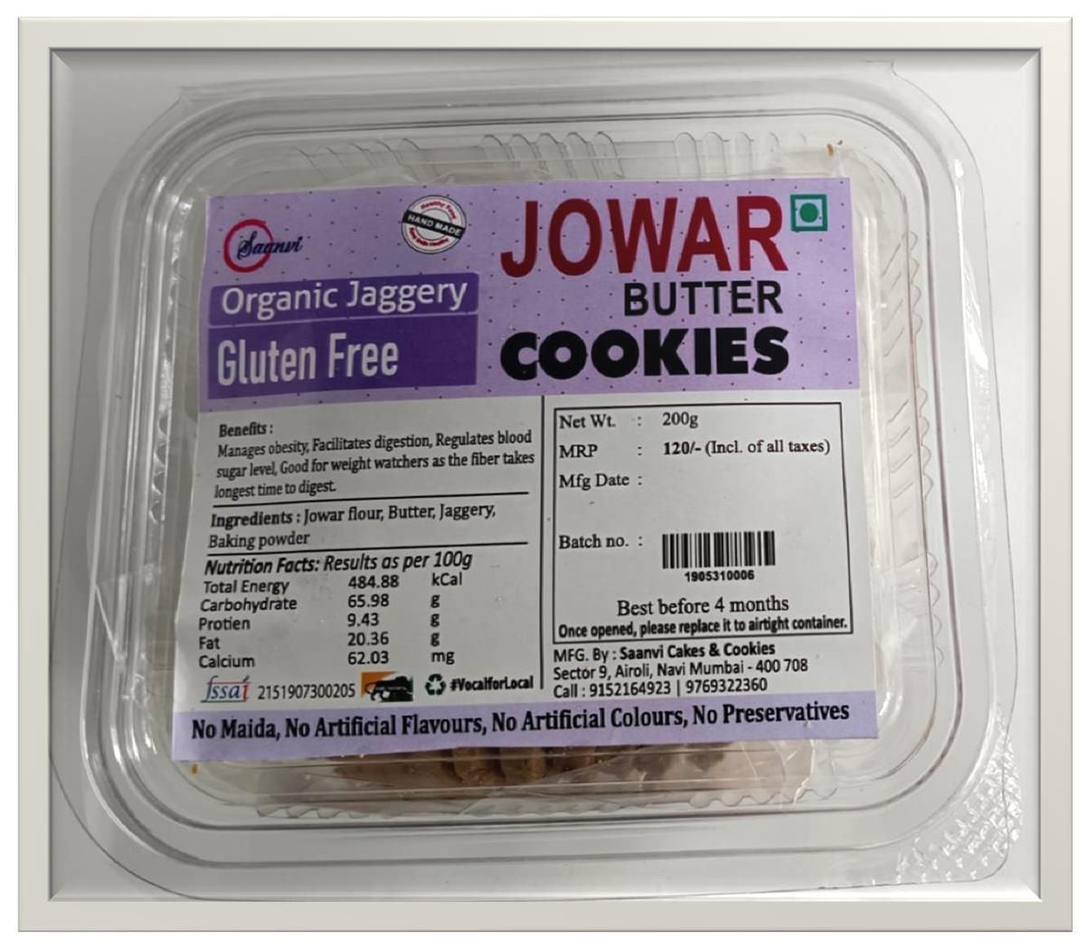 Saanvi Foods JOWAR Butter Cookies (200g) | Gluten Free & Handmade | Made with Organic Jaggery | Healthy Vegetarian Tea Time Snack