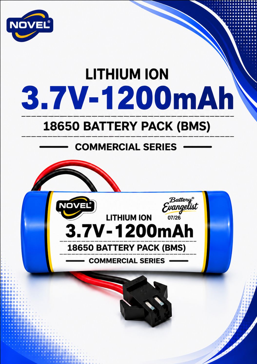 NOVEL 3.7V 18650 LITHIUM ION SM PIN BATTERY WITH CHARGING CABLE- 1200mAh