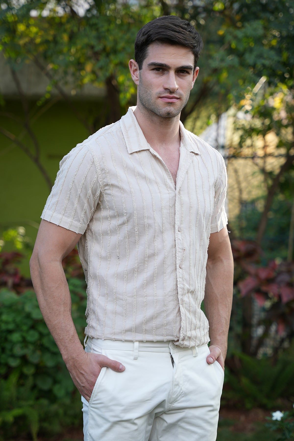 Race - Embroidered Striped Shirt - Beige-S-38 / BEIGE