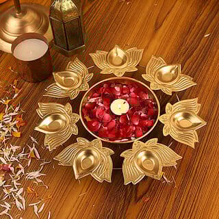 Tuesday Morning Lotus Diya Urli Bowl Decorative Platter Kamal Decorative Urli Bowl Diwali Gift Iron Table Diya (Height: 1 Inch)