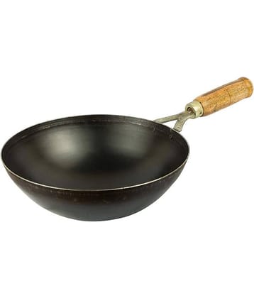Veer Iron Cookware Deep Frying Kadhai | Wok with wooden handle, (2) L, 2 mm Thickness
