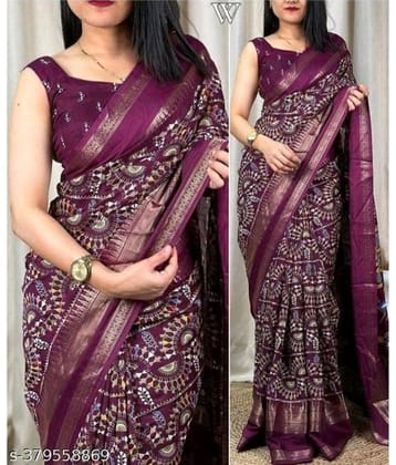 Bhuwal Fashion Crepe Printed Saree With Unstitched Blouse Piece ( Wine )