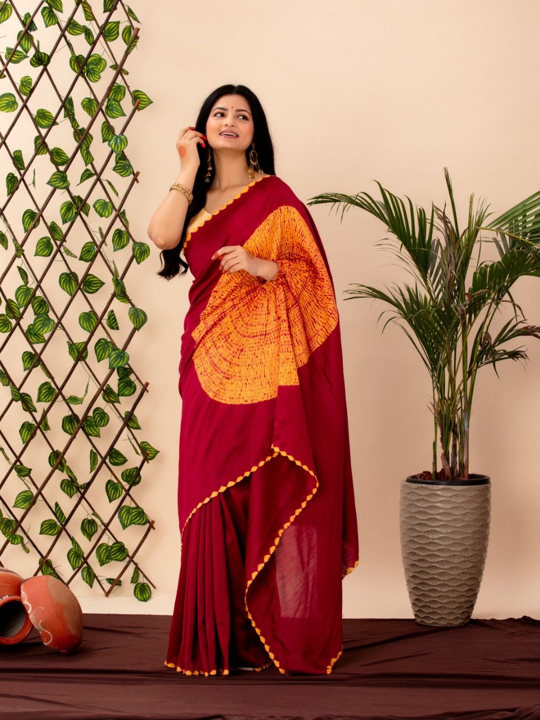 Crimson Bloom with Sunshine Glow Shibori Saree