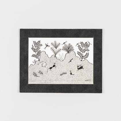 Warli Painting on Paper Hill Terrain 8x10 Unframed-Black / White / Paper