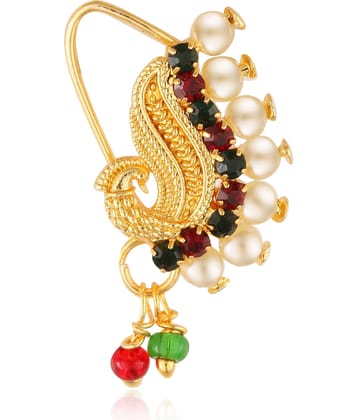 Vighnaharta Gold Plated with Peals Alloy and CZ stone Piercing Maharashtrian Nath Nathiya./ Nose Pin for women  [VFJ1080NTH-TAR-Multi ]