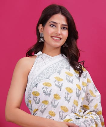 Yellow white cotton hand block sanganeri printed saree