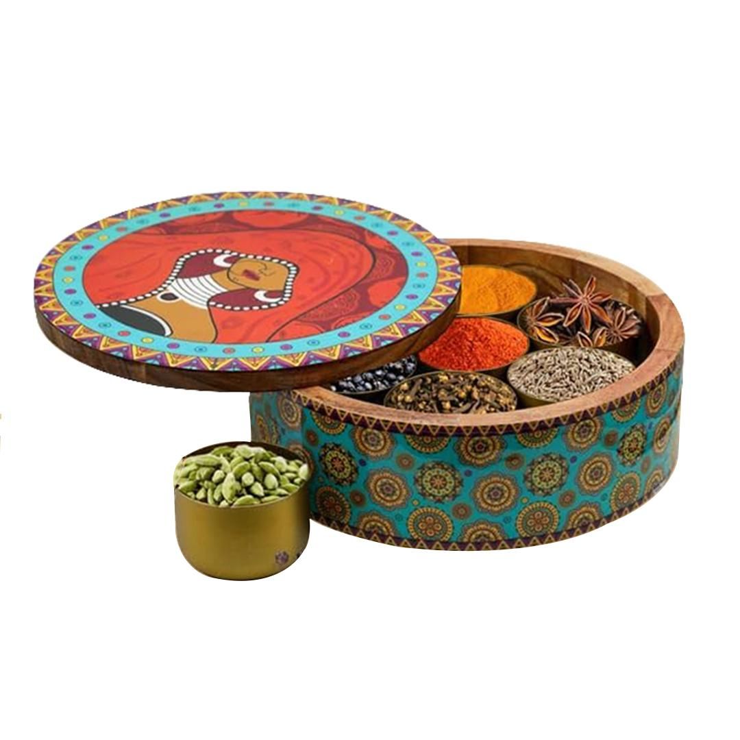 HOMEPRIVILEZ "Classic" Wooden Spice Box/Masala Dabba Set with Seven Golden Spice Jars (8 Pcs set)-Classic