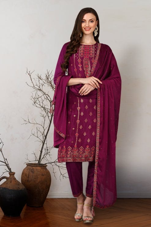 Poly Silk Maroon Embroidered Straight Suit Set PKSKD1779