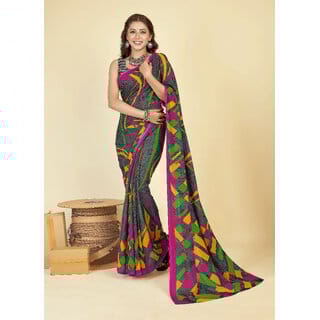 Multicolour Pure Georgette Printed Saree With Blouse Piece
