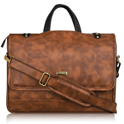 LOREM Tan & Black Color Faux Leather 10L Laptop Messenger Bag For Men BG47