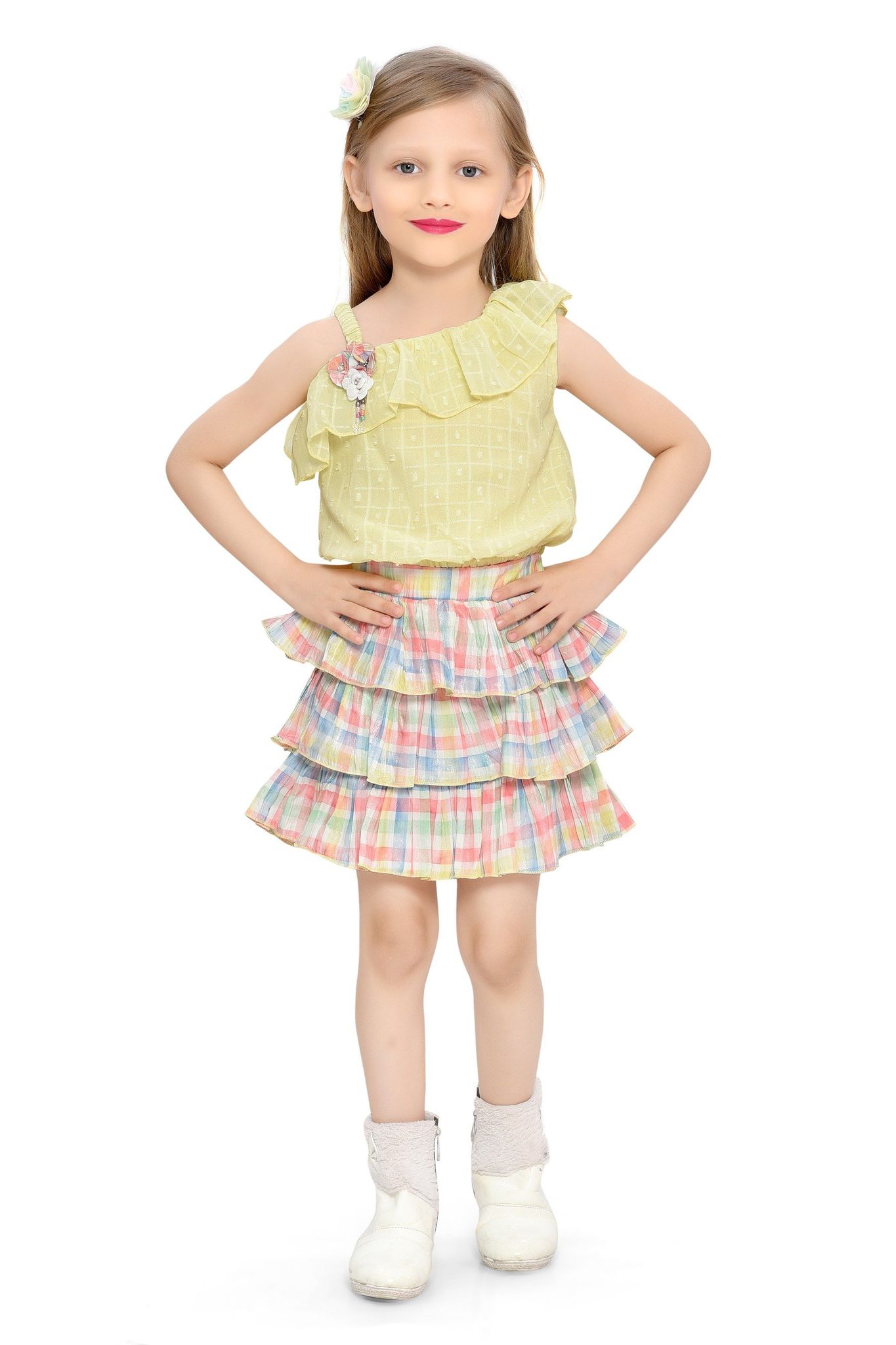 Be:Kids Sunny Pastel Ruffle Top and Plaid Tiered Skirt Set