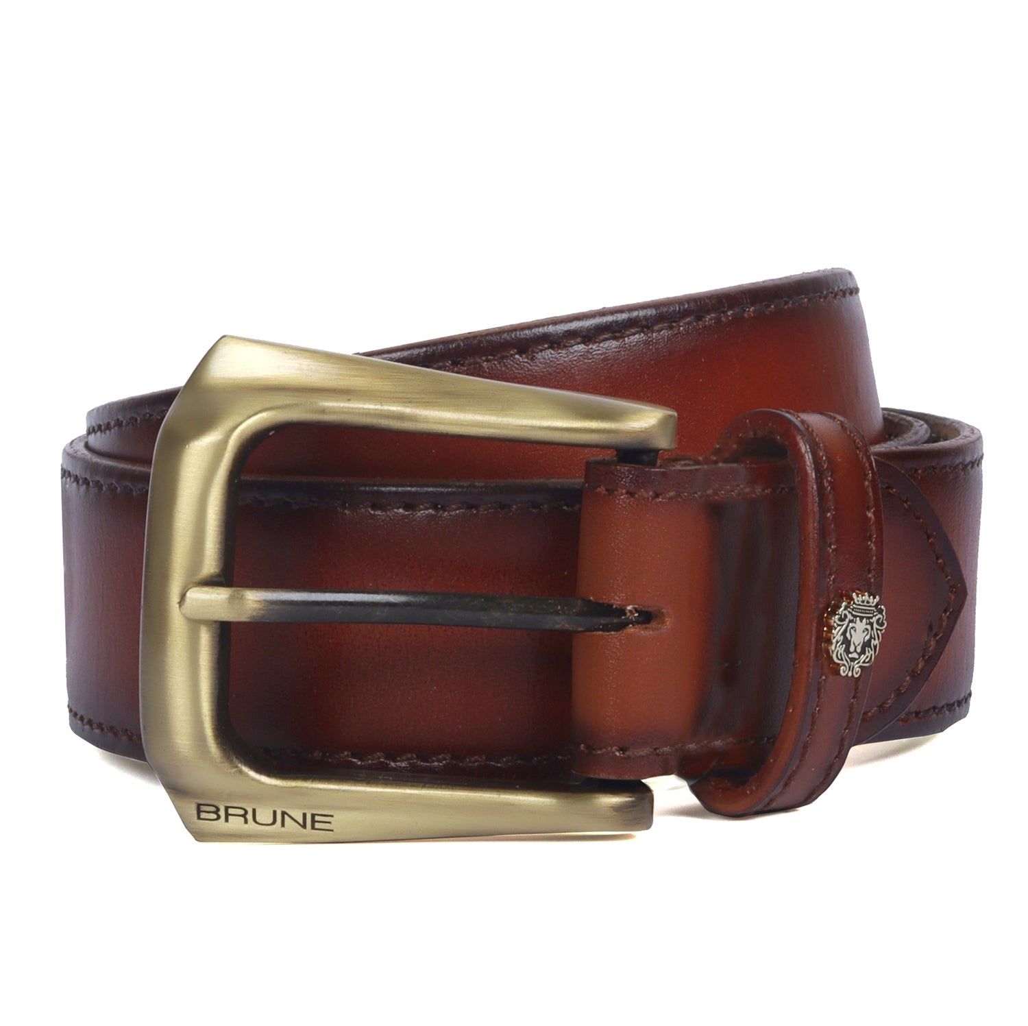 Burnished Tan Leather Belt With Smokey Gold New Slant Shape Buckle By Brune & Bareskin-32