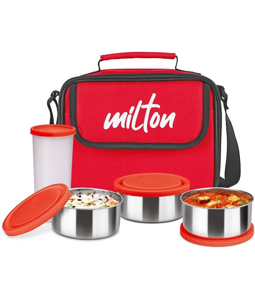 Milton New Steel Combi Lunch Box, 3 Containers and 1 Tumbler with Jacket, Set of 4, Black | Food Grade | Light Weight | Dishwasher Safe | Easy to Carry | Leak Proof