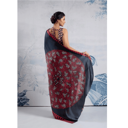womens satin crepe printed saree with unstitched blouse 5mtr navy blue pid65025