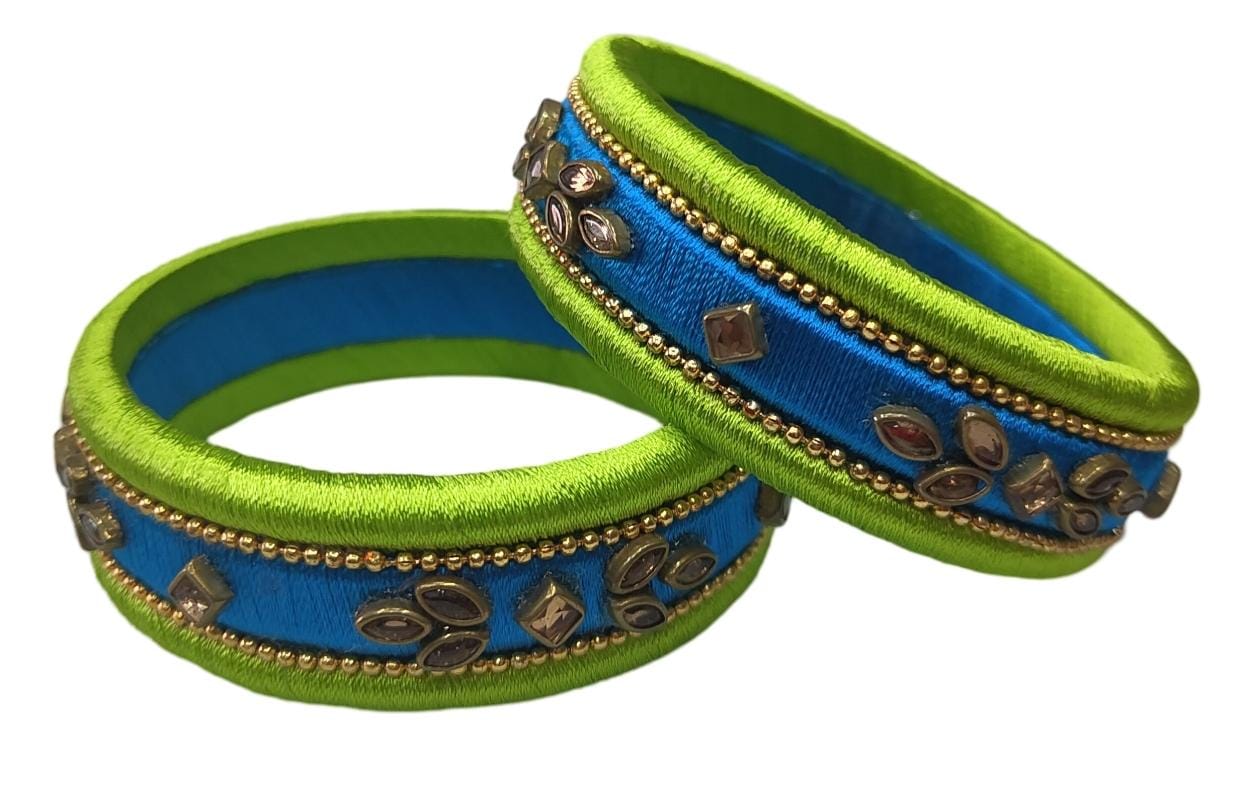 Green and Blue Silk Thread Bangle Set with Stone and Pearl Embellishment