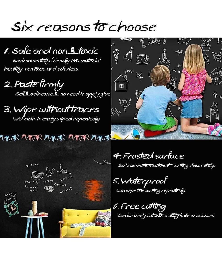 SKYVILLA Black Board (45x200cm) Wall Sticker Removable Decal Chalkboard with 5 Chalks for Home School Office College Room Kitchen Kids