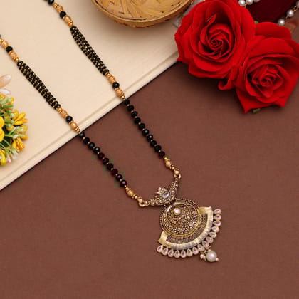 White Color Long Mangalsutra (MS309WHT)-Length: 6.00 CM x Width: 5.50 CM / White / Alloy With Good Quality Gold Plated