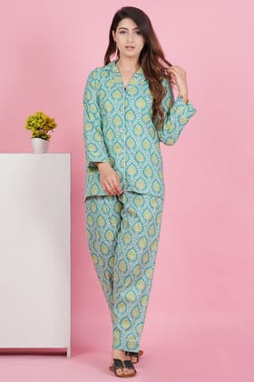 Aqua Green Floral Print Full Sleeve Pyjama Set-S / Aqua / 100% Cotton