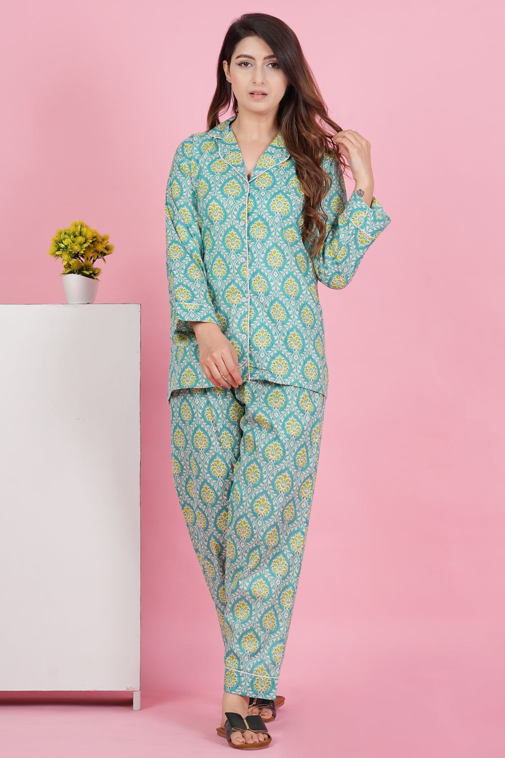 Aqua Green Floral Print Full Sleeve Pyjama Set-S / Aqua / 100% Cotton