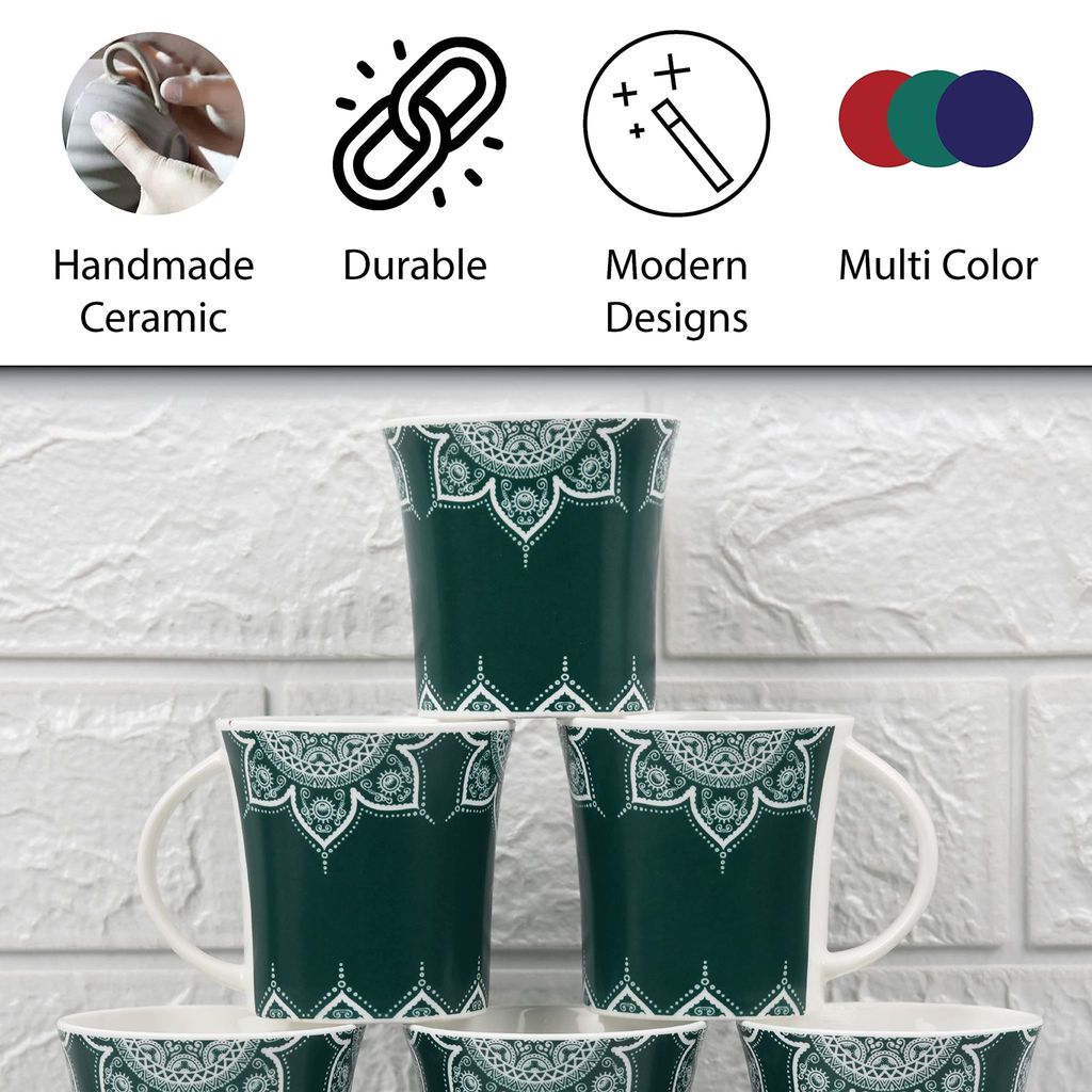 Femora Turquoise Green Cosmic Mehendi Tea Cups, Ceramic Tea Cups, Coffee Mugs (160 ml) - 6 Pcs Set (Green)