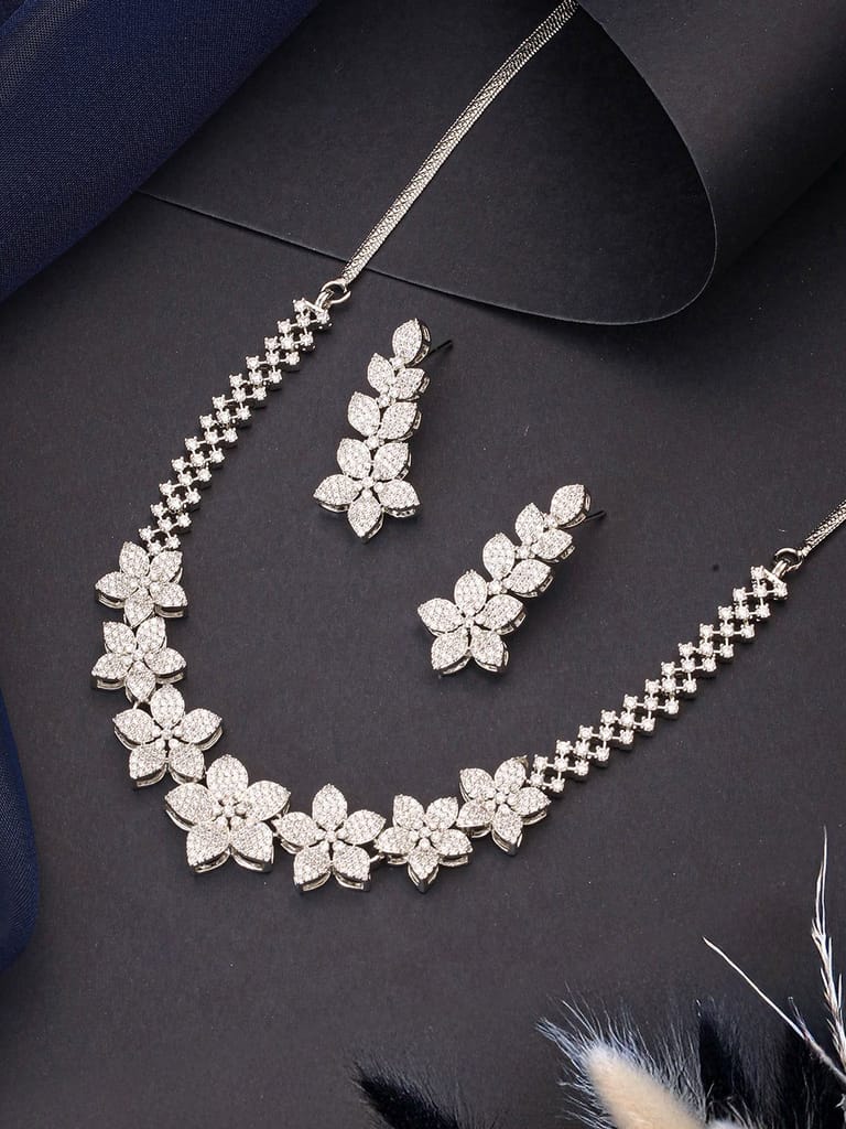 White Rhodium Plated Cubic Zircon Studded Statement Floral Luxe Necklace Jewellery Set - Jewellery Sets | Buy online on ZillyBuy