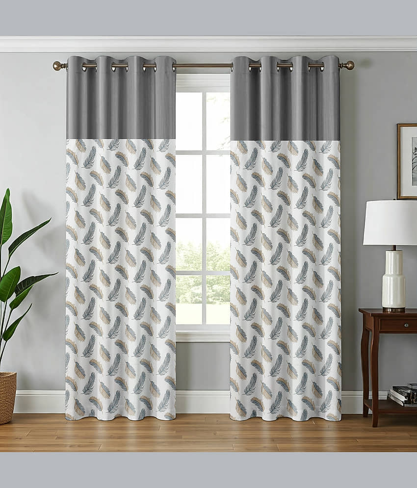 Kraftiq Homes Floral Semi-Transparent Eyelet Curtain 7 ft ( Pack of 2 ) - Grey