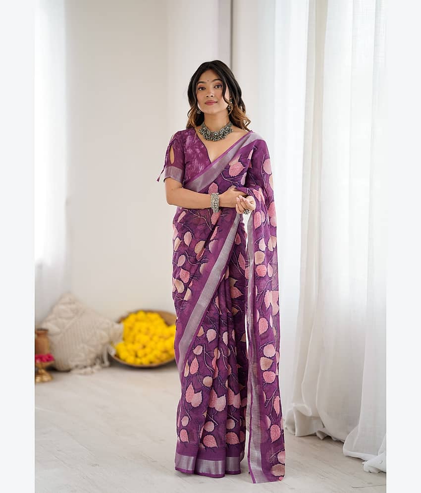 DIKONA DESIGNER Cotton Printed Kota Doria Saree With Unstitched Blouse Piece ( Purple )