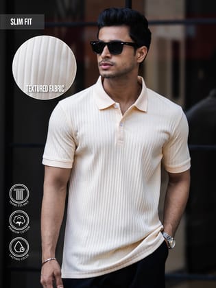 Drop Knit Cream Polo Half Sleeve T-Shirt-S