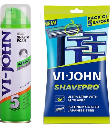 VI-JOHN Menthol Shaving foam 200ml & ShavePro Twin Blade Disposable Razor 5 PCS -Pack of 2