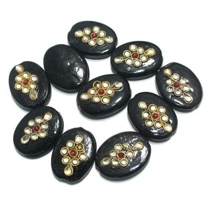 10 Pcs 26x20mm Kundan Beads Oval Black-Black / Glass