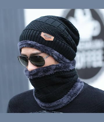AKSMIT Black Woollen Women's Cap ( Pack of 2 )
