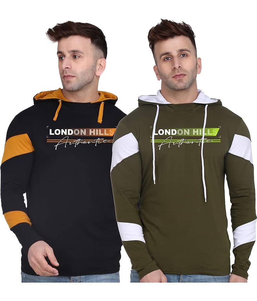 LONDON HILLS Cotton Blend Regular Fit Colorblock Full Sleeves Men's Hooded T-Shirt - Black ( Pack of 2 )