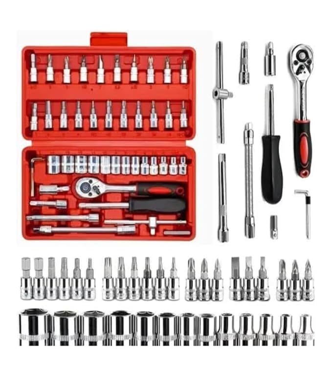 Socket Wrench Set with Ratchet Handle, 46 Pieces, Chrome Vanadium Steel, Red Storage Case, Extension Bars, Driver Bits, Hex Sockets
