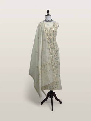 Chikankari Mul Chanderi Dress Material Ivory Peach Green