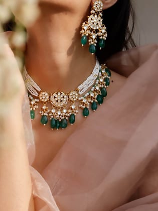 Nizha Green Kundan Pearl Necklace Set-Green