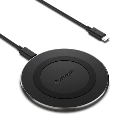 Spigen Wireless Charger for iPhone 17/16/15/13/12/11 Series, Samsung Galaxy S25/S24/S23/S22/S21/S20, OnePlus with USB-C to C Cable [Fast Charging] [Non-MagSafe] - Black