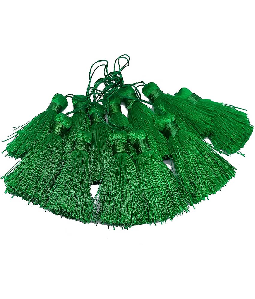PRANSUNITA Silky Floss Tassels with Loop for Bookmarks, Charms Jewelry Making Earring Bracelet Pendant, Dresses etc. -Handmade - Pack of 12 pcs - 6 cm - Color- Dark Green