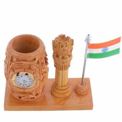 Wooden Pen Holder With Flag & Clock