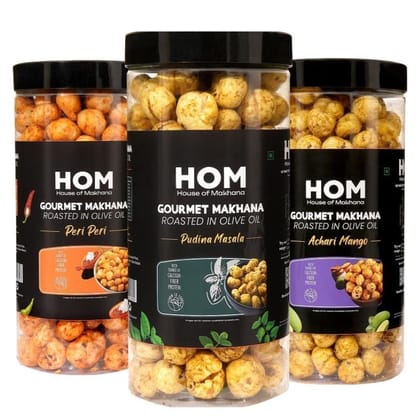 GOURMET MAKHANA Roasted in Olive Oil | Flavors Pudina Masala, Peri Peri and Achari Mango | Combo Of 3, 65g Each. - 195 gm