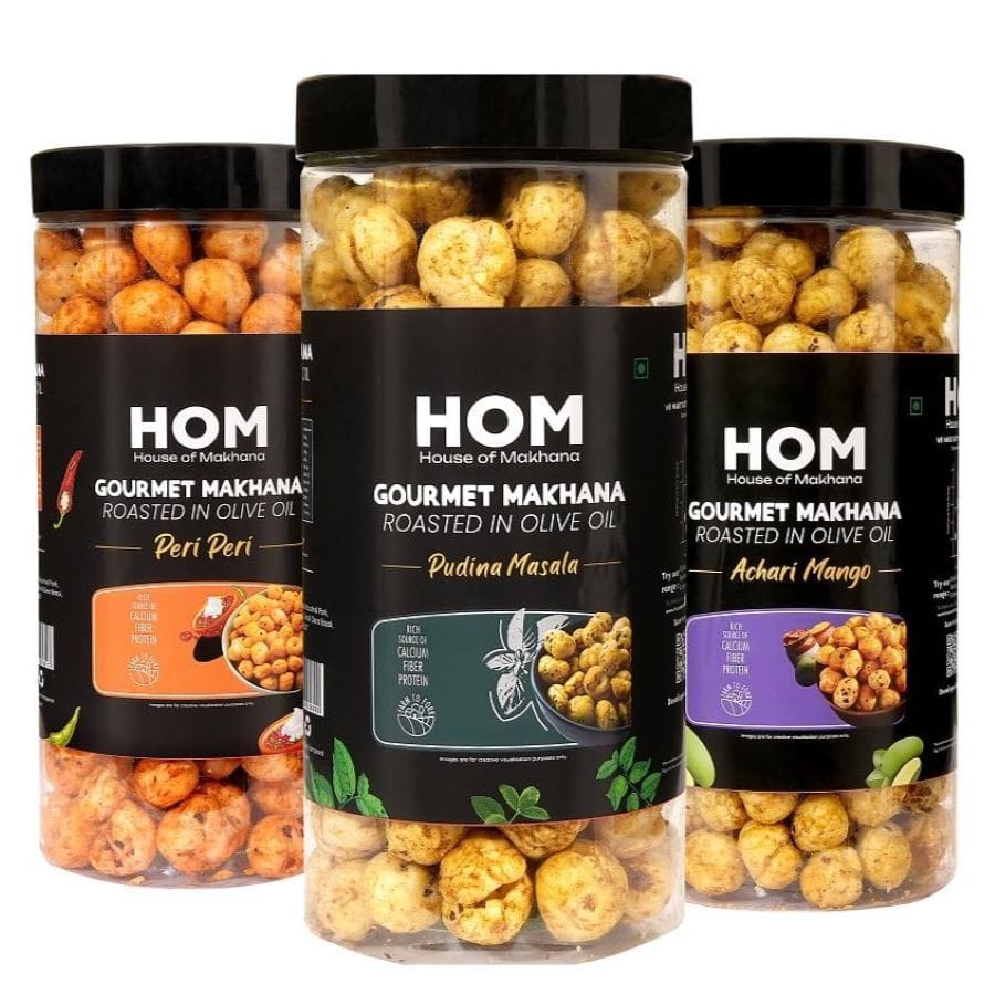 GOURMET MAKHANA Roasted in Olive Oil | Flavors Pudina Masala, Peri Peri and Achari Mango | Combo Of 3, 65g Each. - 195 gm