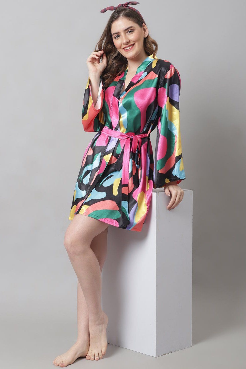 Multi Abstract Printed Satin Robe-s