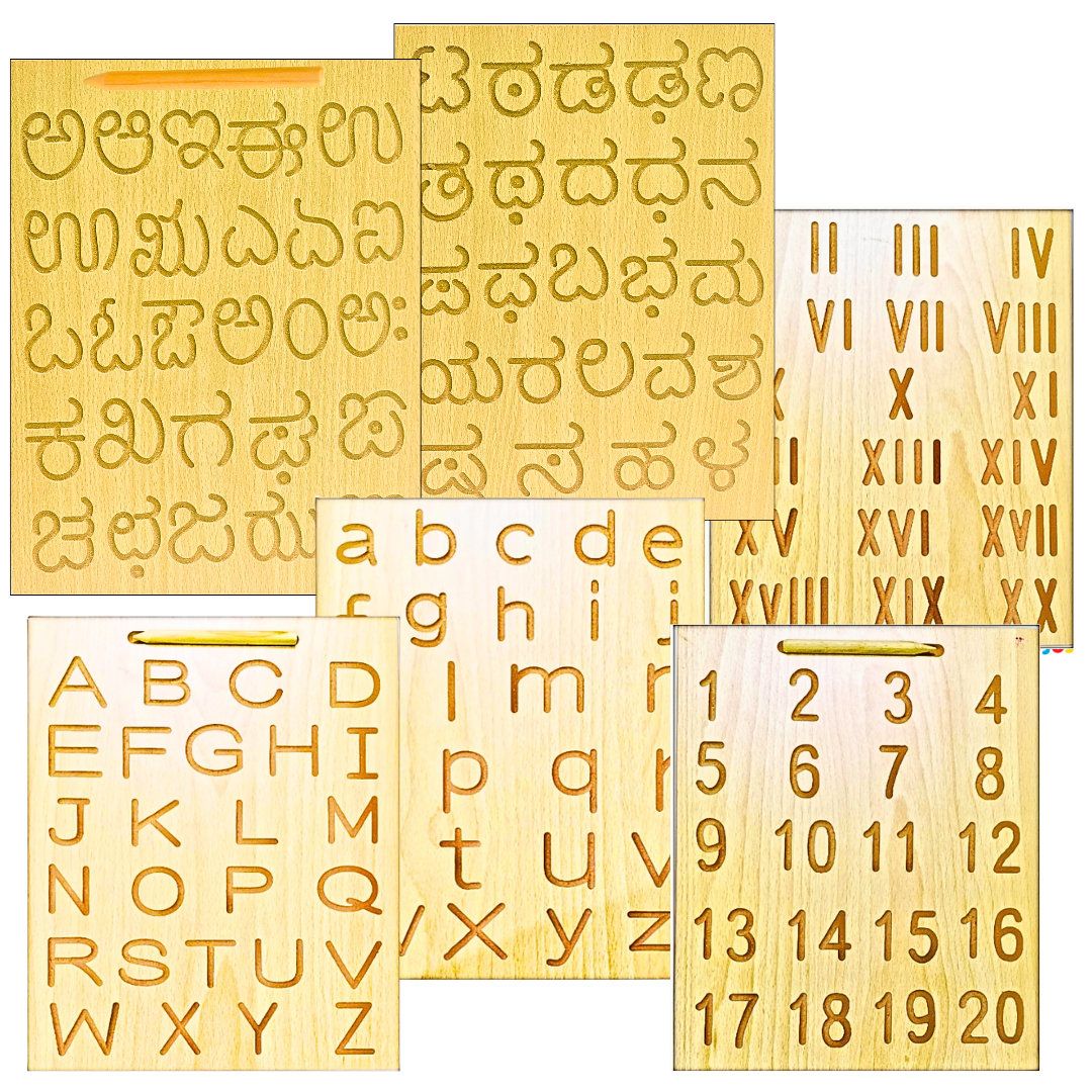 TOYJOS Wooden Tracing Board Combo Set for Kids | English, Maths, Kannada Alphabet Letters Engraved Double-Sided Learning Tool | Montessori Learning Writing Slate with Stylus Pen for Ages 2–5 Years