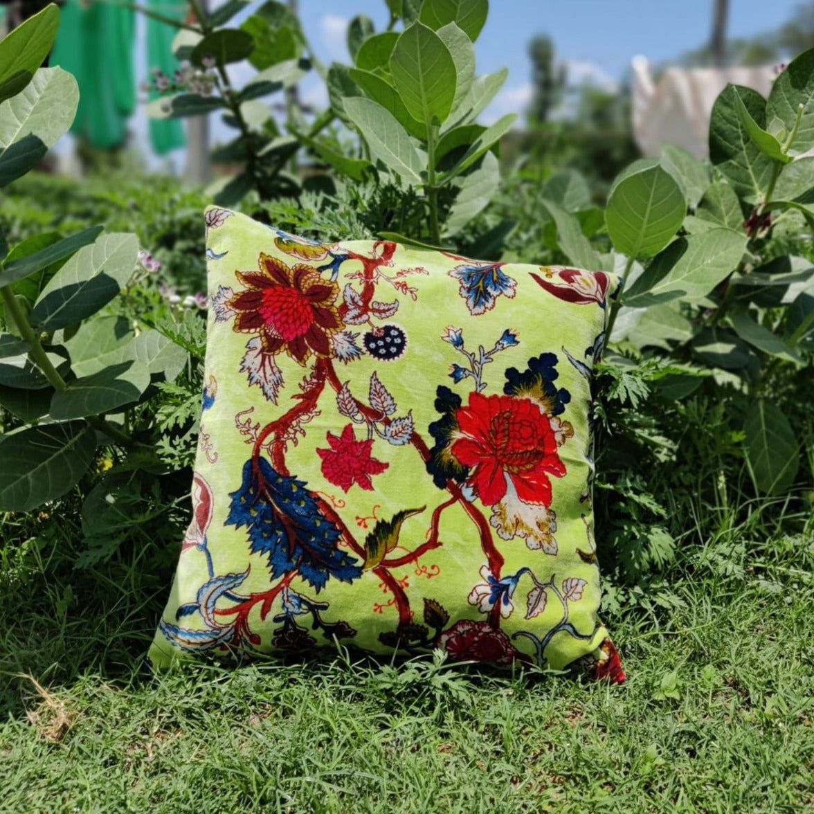 Tree of Life Velvet cushion cover- Lime Green-12 x 12 inches / Plain Cotton Backing