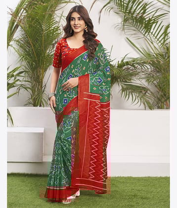 Satrani Cotton Printed Saree With Unstitched Blouse Piece ( Green )