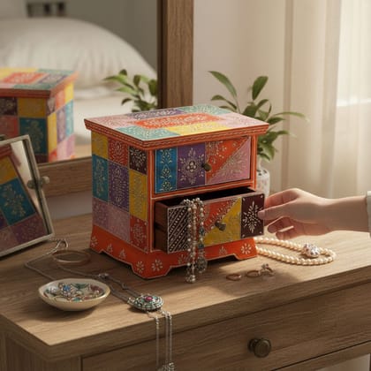 Wood Chest Drawer | Multicolor Desk, Orange Jewellery Decor