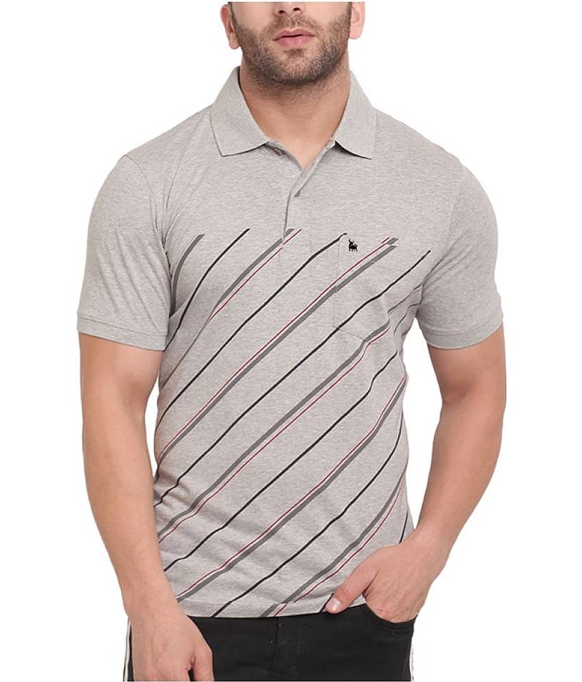 BULLMER Pack of 1 Cotton Regular Fit Striped Half Sleeves Men's Polo T Shirt ( Grey )